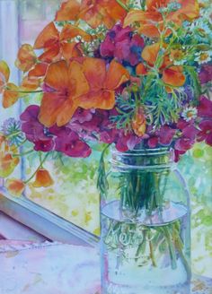 a painting of flowers in a mason jar on a window sill by a window