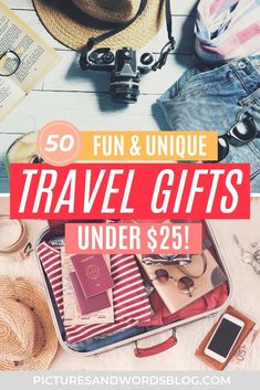 travel gifts under $ 25 with text overlay reading fun and unique travel gifts under $ 25