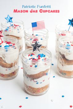 patriotic funfetti mason jar cupcakes with stars and flag on top in glass jars