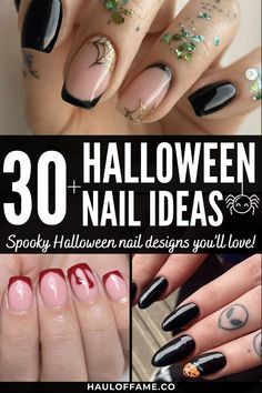 Dip Nails Ideas Halloween, Fall Halloween Nails 2023, Dark Halloween Nails Short, Easy Black Halloween Nails, Halloween Nails Black Tips, Halloween Short Square Nails, Classy Halloween Nails Short Square, Simple Short Halloween Nail Designs, Black Tip Halloween Nails