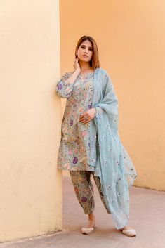 Cotton Light Blue Printed Suit Set with Doriya Dupatta Printed Cotton Suits Indian Casual, Women Cotton Suits, Suit Designs For Printed Fabric, Printed Indian Suits, Printed Suit With Embroidery, Work On Printed Suits, Simple Printed Suit Designs, All Over Printed Suits Design Pakistani, Designer Suits For Women Indian Unique