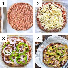 four different types of pizzas with onions, cheese and meat toppings on them