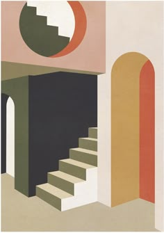 an abstract painting with stairs and a circular object on the wall above it, in front of a doorway