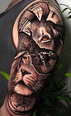 a man's arm with a clock and lion tattoo on it