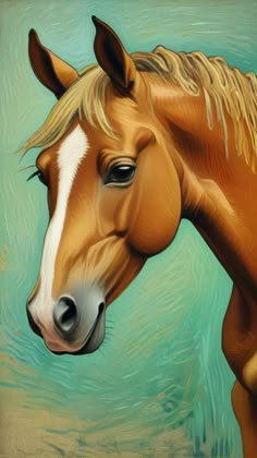 a painting of a brown horse with white stripes on it's face and head