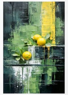 two lemons sitting on top of each other in front of a green and yellow painting