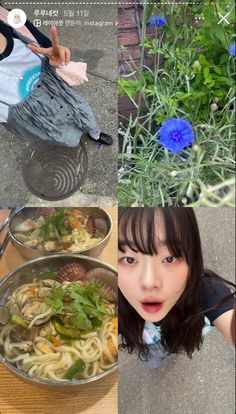 the woman is posing for a photo with her bowl of noodles and vegetables in it