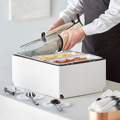 Are you searching for an inexpensive alternative to conventional chafers for your indoor or outdoor catered events? Use this Choice 20 piece full size disposable serving / chafer dish kit with a wire stand, deep pan, (3) 1/3 size deep pans, (3) 1/3 size lids, wind guard, (2) 4 hour wick fuels, and (9) utensils! It comes with (1) full size, sturdy wire stand, featuring a versatile chrome color that will shine atop your buffet or serving station and offer you unmatched versatility. The wire stand Disposable Chafing Dish Display Ideas, Serving Station, Dish Display, Deep Pan, Chafing Dish, Chrome Color, Serving Tongs, Cake Packaging, Tabletop Signs