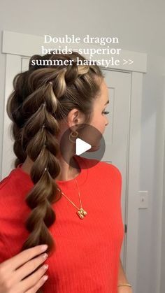 WIMBERLY’S | BEAUTY BAR on Instagram: "Double dragon braids 🫶🐉 obsessed with these! Credit kennerwood✨ #hairtutorial #hairaccessories #accessories #braids #dragonbraid #braidedhairstyles #braid" French Braid Around Head, Easy Dragon Braid, Dragontail Braid, Dragon Braid Ponytail, Double Dragon Braid, Double French Braid Tutorial, Bike Hairstyles, Dragon Braid Tutorials, Faux Braid Hairstyles