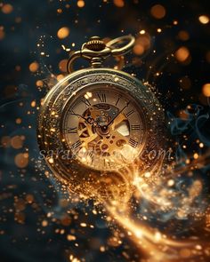 an antique pocket watch with gold dust in the foreground and blurry lights around it