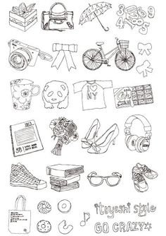 a bunch of different items that are drawn on paper