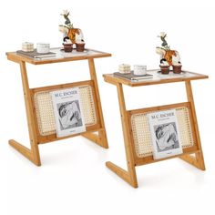 two small wooden tables with pictures on them