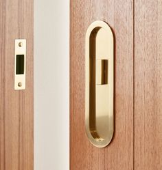 a close up of a door handle on a wooden door