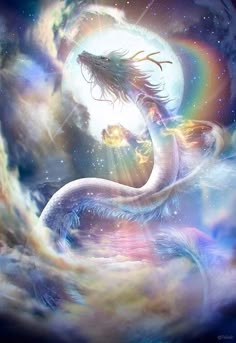 two dragon like creatures in the middle of a night sky with rainbows and stars