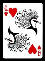 two playing cards with hearts and birds on the front one is red, the other is white