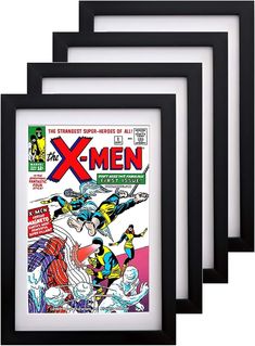 three framed comics are sitting next to each other on a white background with black border