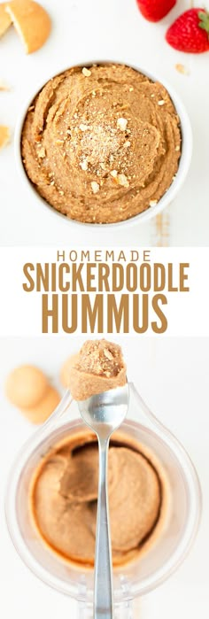 some food is sitting on a plate with spoons in front of it and the words, homemade snickkerdoodle hummus