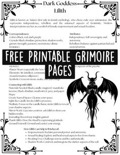 a black and white poster with the words free printable grimoire pages