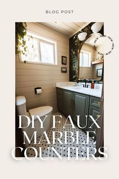 a bathroom with green cabinets and black and white floor tiles on the walls is featured in an article titled diy faux marble counters