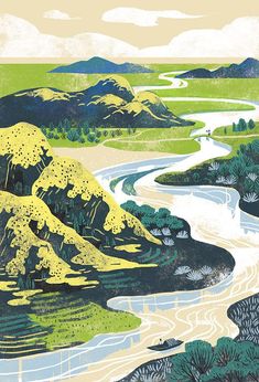 an illustration of a river running through a valley