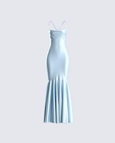 The perfect dress for a dinner date… as long as it's a 5 star 😜 Move with elegance, and ease in this blue, swoop neck, low-back gown complete with crisscross straps with a tie detail 💙 Dress For A Dinner, Low Back Gown, Fuzzy Skirt, White Corset Dress, Floral Lace Skirt, Light Blue Dress, Red Mini Skirt, Prom Dress Inspiration, Dinner Date