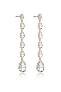 Crystal droplet earrings that will elongate your neckline. 18k gold plated Zinc Glass Length: 3.55 Inches Width: 0.4 Inches Surgical steel posts Glamorous Jewelry, Droplet Earrings, Peridot Crystal, Back Necklace, Modern Shoes, Embellished Denim, Chain Anklet, Dream Jewelry, Gold Plated Earrings