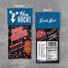 the back and side of a rock candy bar wrapper with an advertise on it