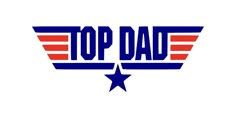 the top dad logo is shown in blue and red with an american star on it