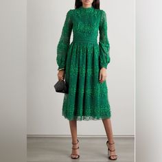 Christos Costarellos Embroidered 3d Leaf Motif Lace Dress Size 38 A-Line Dress Green Lace Pattern Lace Trim Embellishment Long Sleeve With Mock Neck Concealed Zip Closure At Back B26 Embroidered Tulle Dress, Embroidered Tulle, Wedding Guest Outfit Summer, Cotton Midi Dress, Clothing Design, Green Lace, Farm Rio, Dress Elegant, Guest Outfit