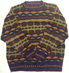 Crazy vintages 3D knit coogi style sweater! Made in USA Beautiful Purple/Greens and Browns textured knit design! Size L Measurements in photos Clean condition !