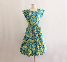 1950s Novelty Pint Swirl Wrap Dress // Pear and Apple Print Background Square, Cotton Wrap Dress, Apple Print, Apple Prints, Dress Suits, Blue And Yellow