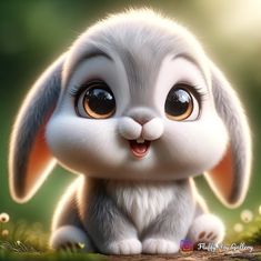 a cute little bunny with big eyes sitting in the grass and looking at the camera