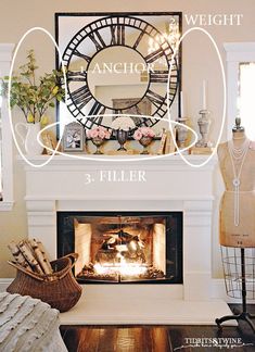 a living room with a fire place and clock on the wall above it's mantle