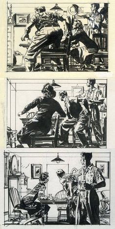 some black and white comics are being displayed in this image, with one man sitting at a table