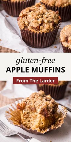 a muffin on a plate with the words gluten - free apple muffins from the lader