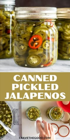 canned pickled jalapenos in a jar with text overlay