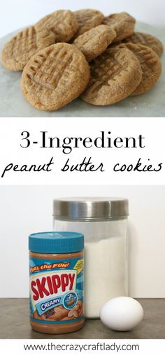 the ingredients to make peanut butter cookies are shown in this collage, including an egg and