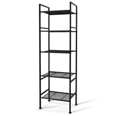 a black metal shelf with four shelves on each side