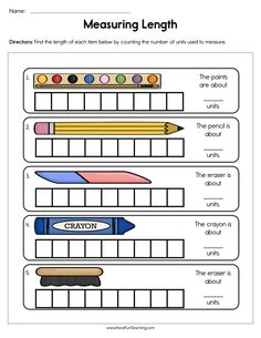 the worksheet for measuring length with pencils and crayons on it