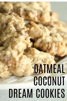 oatmeal coconut dream cookies on a plate with text overlay that reads, oatmeal coconut dream cookies