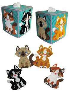 four different types of cats are shown in this image, one is made out of plastic and the other has an ornament