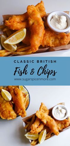 crispy battered fish and chips are served with lemon wedges, sour kraut or mayonnaise