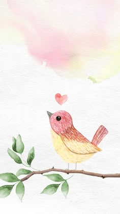 a watercolor painting of a bird sitting on a branch with hearts flying above it