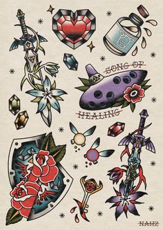 an old school tattoo design with flowers, hearts and other tattoos on it's arm