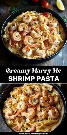 two pictures of shrimp and pasta with the words creamy mary me shrimp pasta in black letters