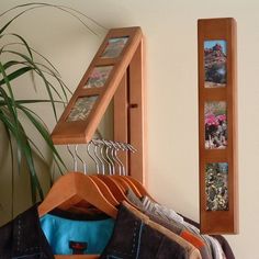 there is a coat rack with clothes hanging on it and a potted plant in the corner