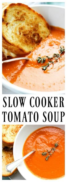 two pictures showing different types of slow cooker tomato soup with bread on the side