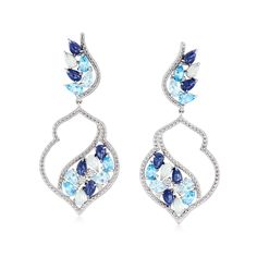 Ross-Simons - 10.40 ct. t. w. Multi-Gemstone Drop Earrings in Sterling Silver. An RS exclusive. The chilly blue hues of our graceful drop earrings are a breath of fresh air. A dazzling arrangement of pear-shaped sapphires, aquamarines, Swiss and sky blue topaz totaling 10.20 carats is surrounded by the sparkle of .20 ct. t. w. white topaz rounds. Crafted in sterling silver. Hanging length is 1 7/8". Post/clutch, multi-gemstone drop earrings. Aquamarine birthstones are the perfect gift for March Blue Topaz Multi-stone Earrings, Blue Multi-stone Cubic Zirconia Earrings, Elegant Blue Stone Earrings, Elegant Blue Earrings With Stones, Elegant Sapphire Multi-stone Earrings, Sapphire Multi-stone Earrings Fine Jewelry, Aquamarine Birthstone, Gemstone Drop Earrings, Deco Earrings