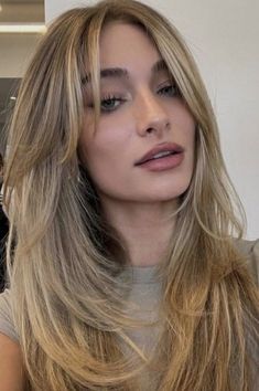 Blonde Balayage With Layers And Curtain Bangs, Curtain Bang Face Framing Layers, Long Later With Curtain Bangs, Bronde Layered Hair, Layers And Curtain Bangs For Long Hair, Wispy Long Curtain Bangs, Cheekbone Length Curtain Bangs, Layers On Thinner Hair, Short Front Layers Long Hair