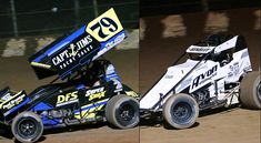 two pictures of the same race car in different positions